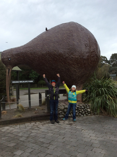 My Kids with the Giant Kiwi Statue