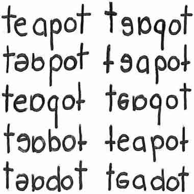 Example of 10 ways that a dyslexic person would write the word teapot. 