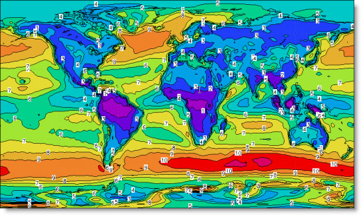 The map shows the mean wind speed in m/s for the period 1976-95 at a height of 10 meters.