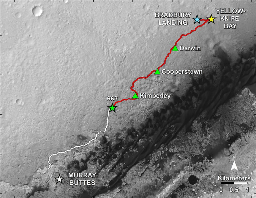 Mars Curiosity rover’s travel route towards Mount Sharp.