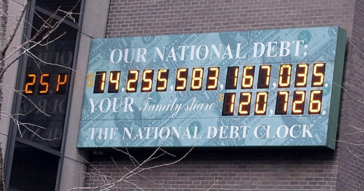 The National Debt now stands at 17 trillion (that's 17,000,000,000,000) dollars.