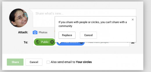 You can share with only one community at a time. If you want to share with public or circles also, you'll have to share again.