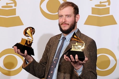 Bon Iver with his two Grammy's for Best New Artist and Best Alternative Album