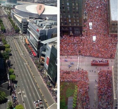 Left: 2014 Los Angeles Kings Stanley Cup Finlas parade (Estimated 17,000 people attended) Right: 2013 Chicago Blackhawks Stanley Cup Finals parade (Estimated 2 million people attended)