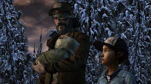 Season 1 & 2 lead characters Clementine and Kenny carrying Alvin Jr, the baby of their fallen comrades. 