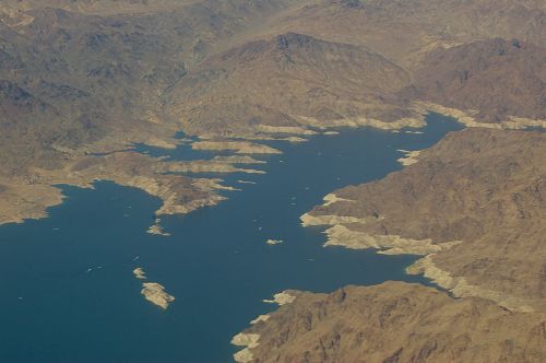 Aerial view of Lake Powell. The white line along the edge shows that the water level was low.