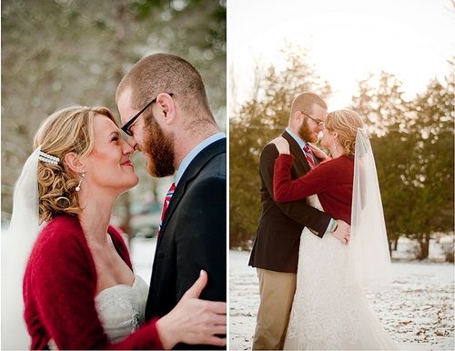 Bride wearing a dressy cardigan over her wedding gown in the snow.