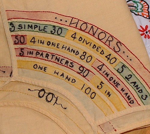 Vintage tablecloth for card table with card game rules embroidered on each corner.