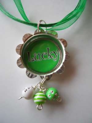 St Patricks Day LUCKY bottle cap necklace by Etsy seller socreative605. See the link below.