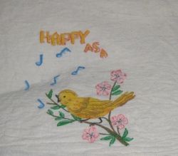 Painted tea towel. Fabric paints were widely used in the 1960s to decorate tea towels.