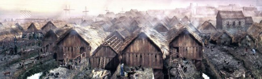 Jorvik - reconstruction of the riverside Coppergate  (burnt down and flooded by the Normans to provide a moat for their castle)