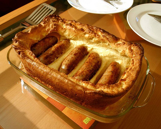 Toad in the Hole - Sausages baked in batter, a popular, traditional, English dish.