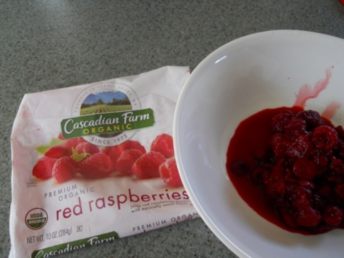 A 10 oz. bag of frozen raspberries, yielded a cup and a half of berries.   I drained the juice and set it aside for later.