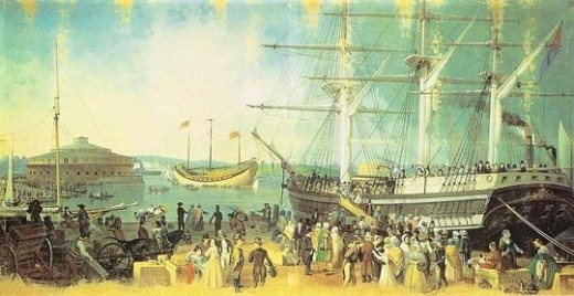 Public domain painting by Samuel Waugh his Museum includes gorgeous, detailed paintings of New York City's past. This picture reminds me of the Clearwater Sloop.