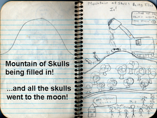 I think it was a good punishment for us to draw a happy ending because it helped stir empathy in us. Notice the girl skull with a bow on one hair.