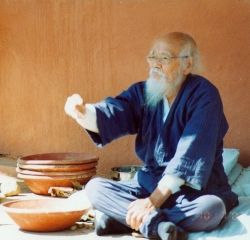 Masanobu Fukuoka throwing the first seedball at the workshop at Navdanya in October, 2002