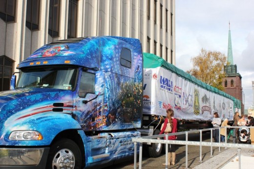This photo shows what a long trailer is needed to haul the 80+ foot Capitol Christmas tree.