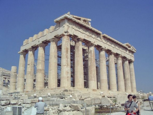 The southeast corner of the Parthenon shines in the sun.