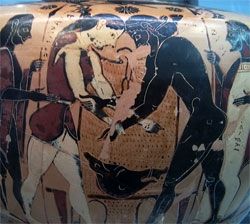 Early Greek vase showing Atalanta and Peleus wrestling for the Caledonian boar's hide