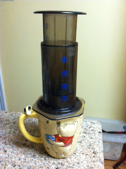 This is the last stage where you push in the plunger part and force all the water into the mug. Very easy to push, btw!