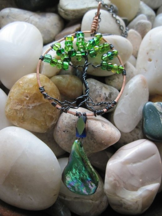 Tree of life with Green glass beads with shell pendant