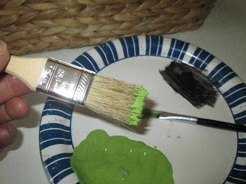 I used my chip brush next. To do a dry brush technique, I dipped just the ends into the lime paint and then dabbed it on the paper plate.