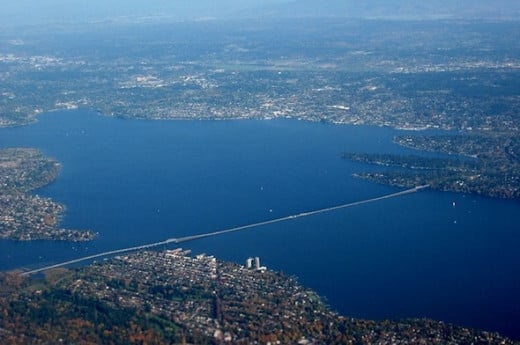The Evergreen Floating Bridge is the longest floating bridge in the world at 7,580 ft (2,310 m). It connects Seattle to Medina over Lake Washington.