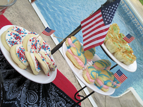 Same 3 tiered stand now taking on a patriot style! I used white plates for this red, white and blue affair by the pool!