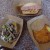 Top Center: German Meatloaf Sandwich with Sweet Mustard and Fried Shallots -  Bottom Left: Bread Pudding with Spring Peas and Wild Mushroom Ragout -  Bottom Right: Potato Pancake with House-made Apple Sauce