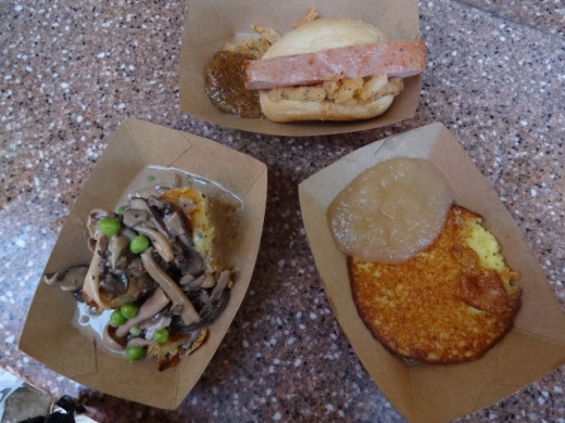 Top Center: German Meatloaf Sandwich with Sweet Mustard and Fried Shallots -  Bottom Left: Bread Pudding with Spring Peas and Wild Mushroom Ragout -  Bottom Right: Potato Pancake with House-made Apple Sauce