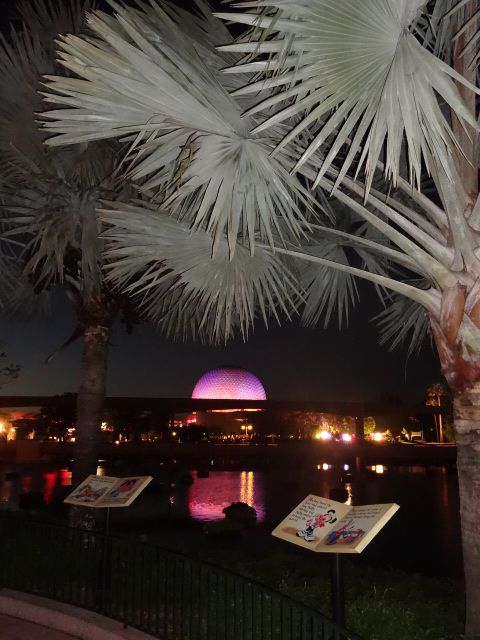 Night-time Shot of Spaceship Earth from Across the World Showcase Lagoon