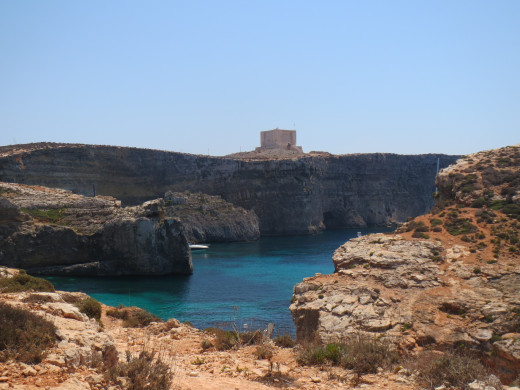 The Crystal Lagoon on Comino with St. Mary's Tower above