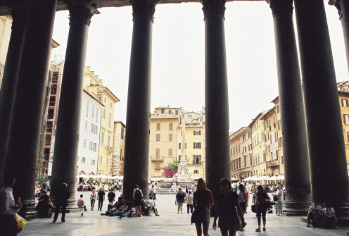 Looking out through the Pantheon's columns into Piazza Rotunda.