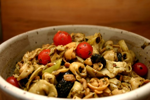 tortellini salad with artichoke hearts, olives, and cherry tomatoes