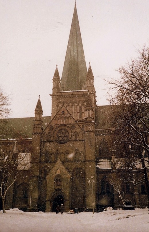Trondheim, Nidaros Cathedral in the midst of a snowstorm.  This is the traditional location for the consecration of the King of Norway.