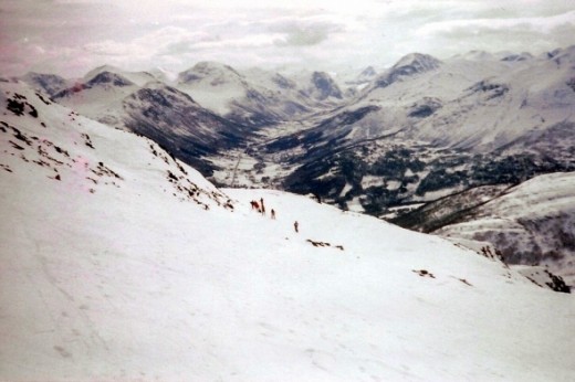 The ski slopes in Stranda are some of the best in the world (no really, other, more important ski type people have claimed this, not me!).    The tiny people in the center of the picture are friends of mine, way ahead of me because they were skiing d