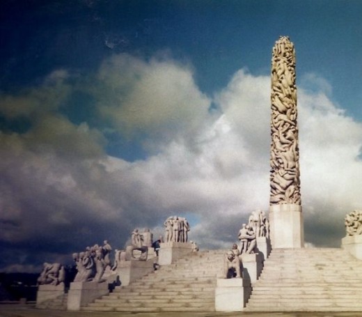 The Monolith (tower in the center) was carved from one block of granite (multiple spokes of statues lead up to the center tower of people)