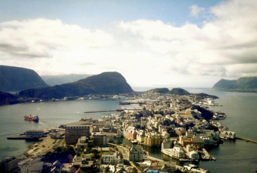The mountains and swath of land that is Aalesund, Norway.