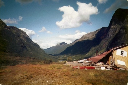 When I first arrived in Stranda, Norway, we went up into the mountains near my new home.  The house on the right was destroyed in an avalanche the previous winter.