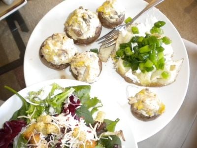 I paired my artichoke stuffed mushrooms with a green salad and a baked potato with chives.... yum!