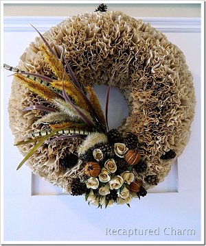 Get directions for this coffee filter wreath.With about 200 coffee filters-brown or white, a glue gun and a wreath form, you can make this adorable wreath. Click on the picture to get directions