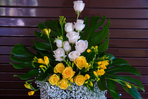 Reception arrangement with white and yellow roses, gypsophilia, monstera leaves and freesia.