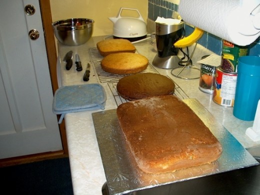 1 large 9 x 13 cake and three small round ones.