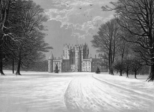 Antique print of Glamis Castle in the snow.
