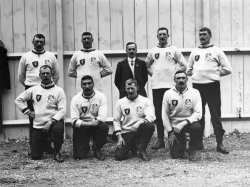 1908, depicts the Liverpool Police tug-of-war team who won the silver medal that year at the London Olympics.