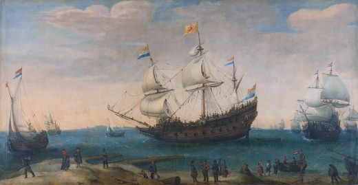 The 'Mauritius' and other East Indiamen by Hendrick Vroom, public domain
