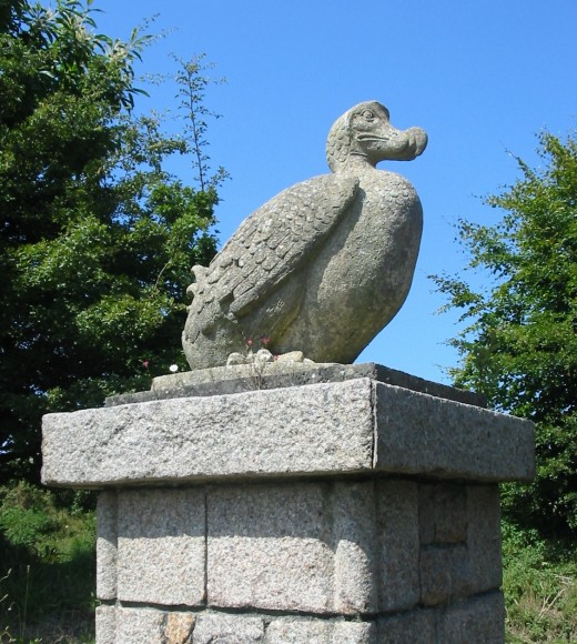 Dodo statue at gateway of Jersey Zoo, taken by Man vyi.  Public domain.