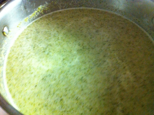 Add the cream, heat, and serve.