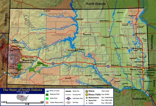 Terrain and geographic features map of South Dakota