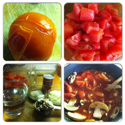 Tomato peels easily. Chop the tomatoes. Gather Ingredients. Starting to make the soup.